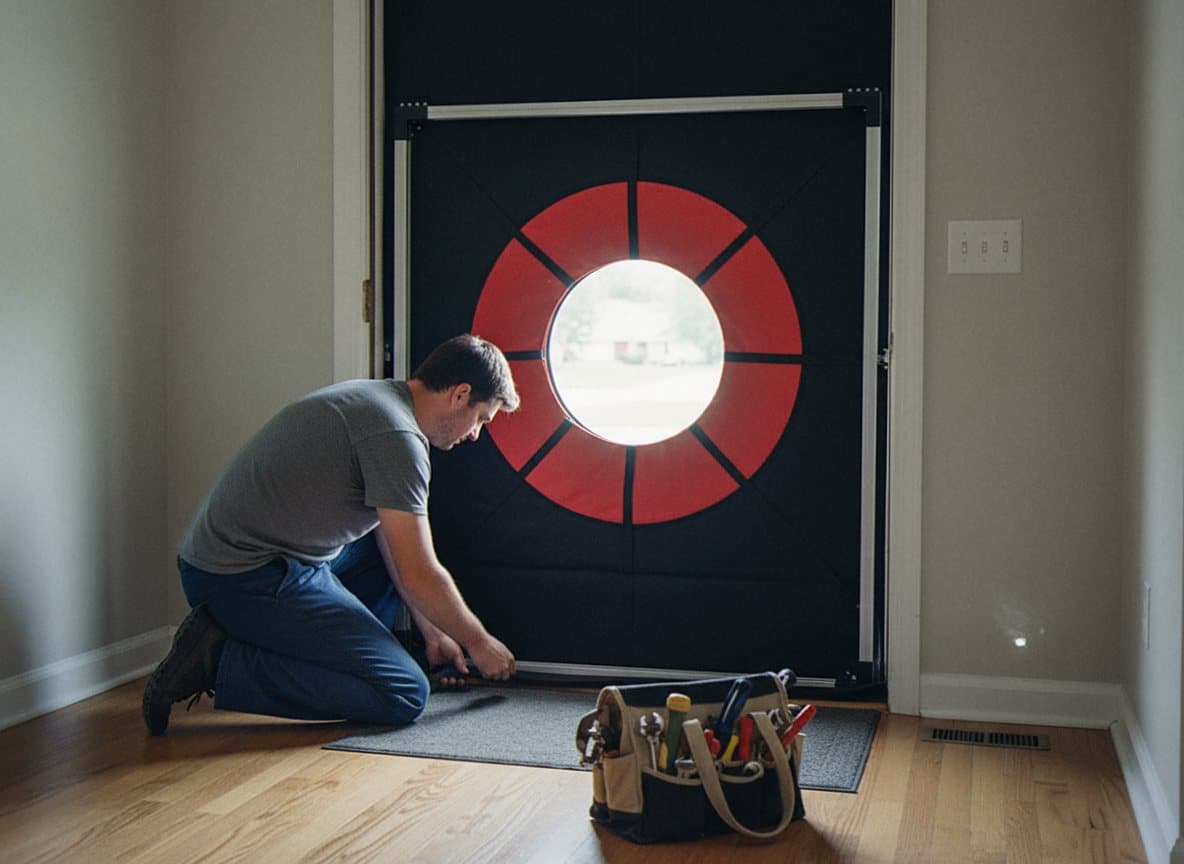 Red blower-door fan fitted into a home's front entry