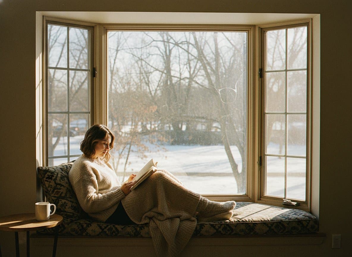 Person relaxing by a window seat on a cold day