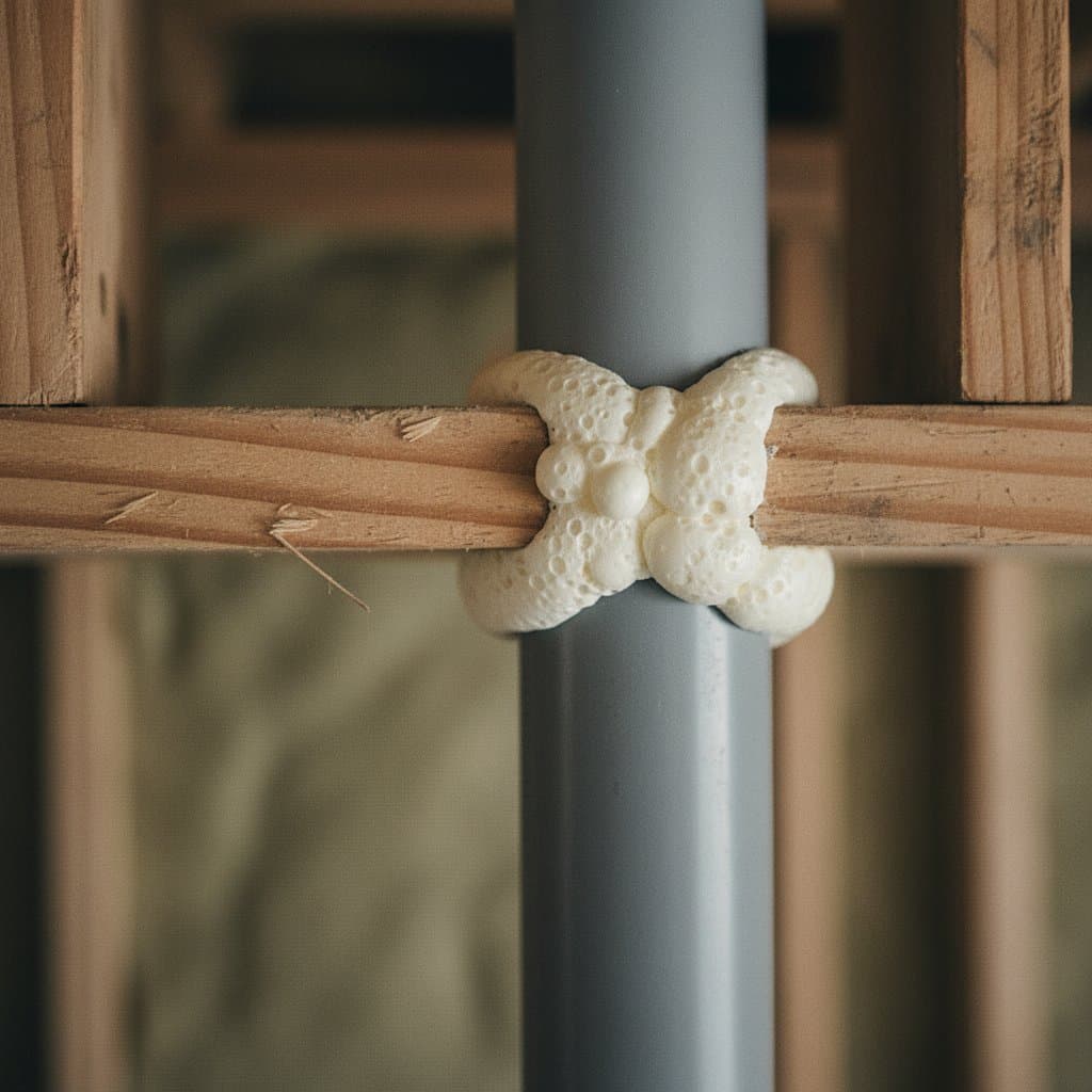 Close-up of foam sealant filling a gap around pipe