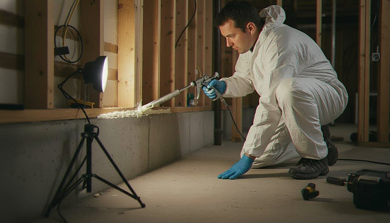 Technician applying foam sealant along a basement rim joist