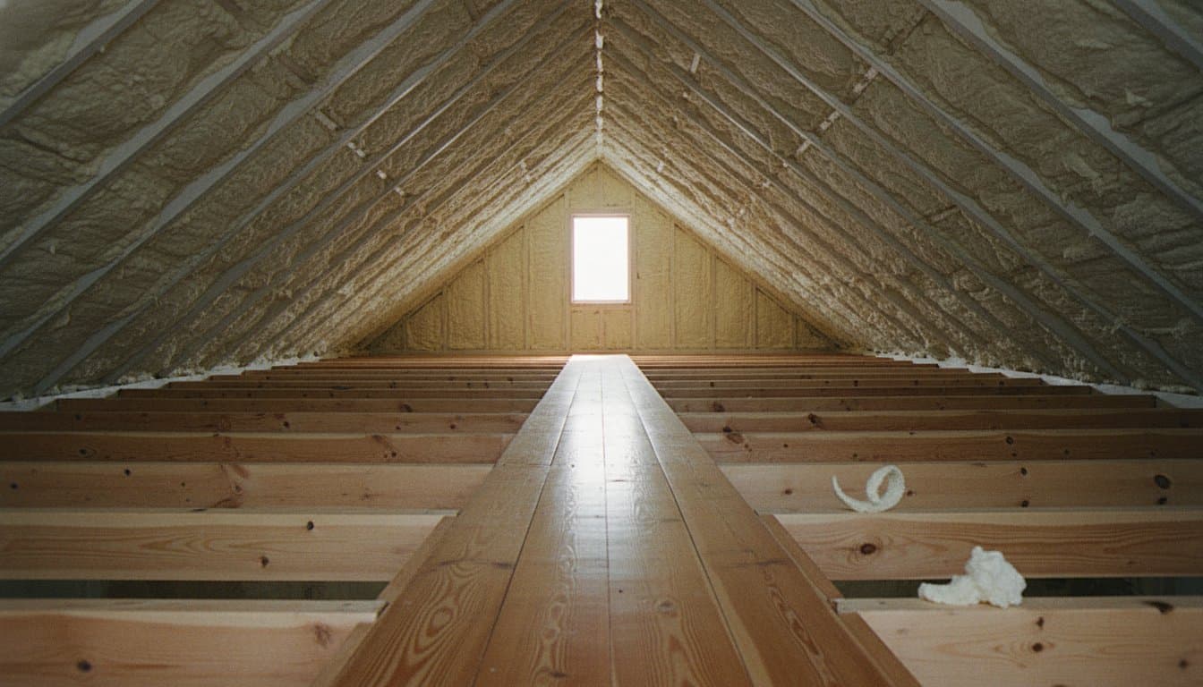 Finished attic with roof deck evenly coated in foam
