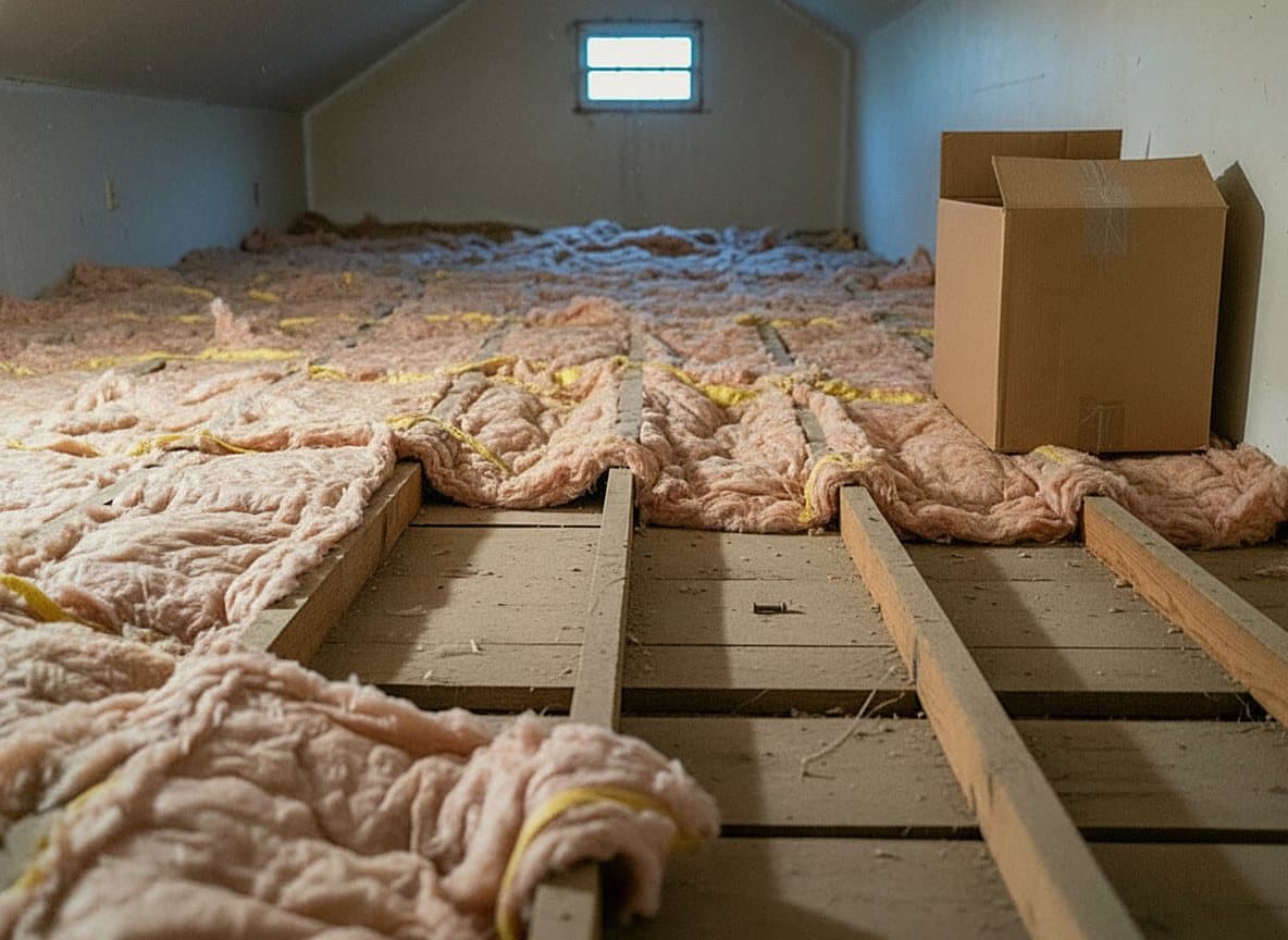 Patchy thin old fiberglass on attic floor, bare joists