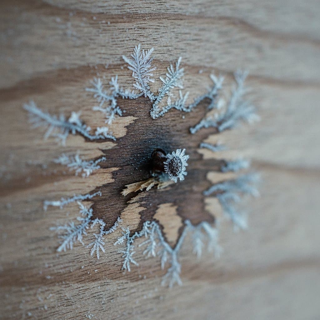 Close-up of frost and moisture stain on roof sheathing