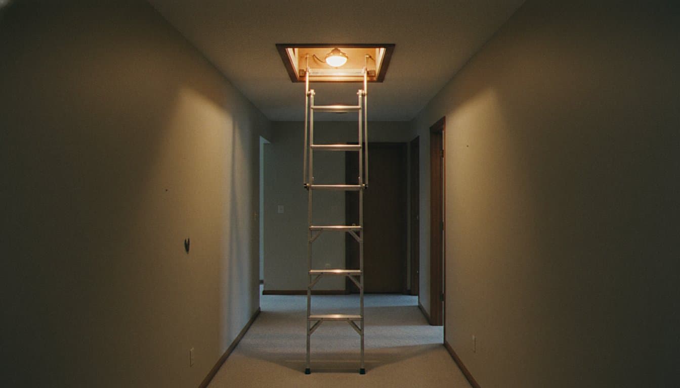 Open pull-down attic hatch with ladder and work light