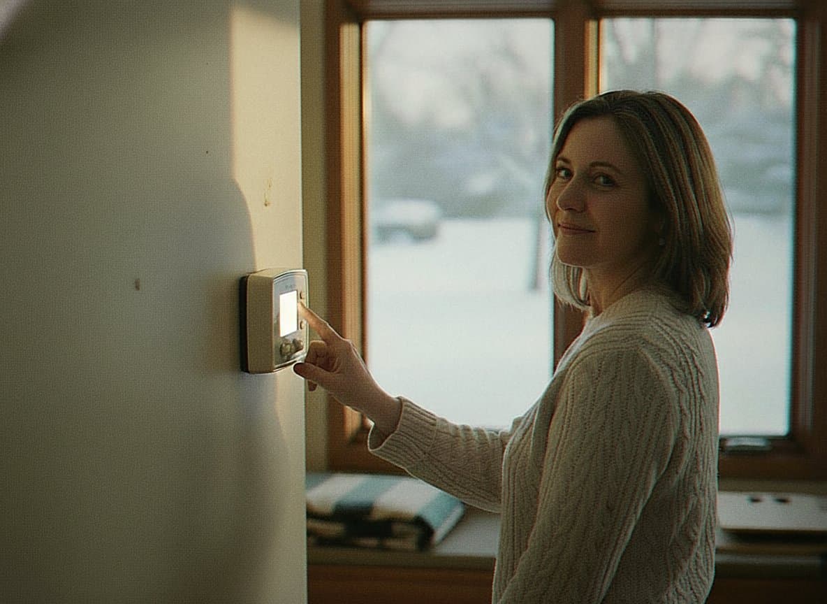 Homeowner adjusting a thermostat on a winter morning
