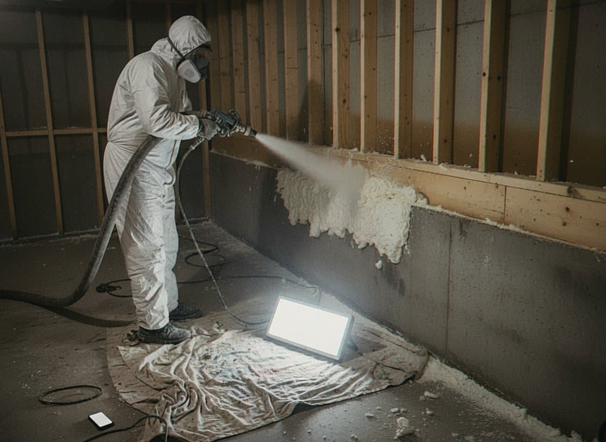 Technician spraying closed-cell foam along a basement band joist