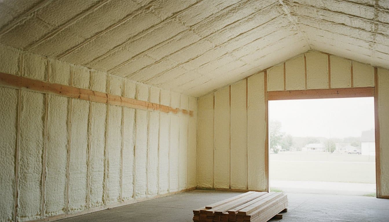 Pole barn interior with metal roof and walls foamed
