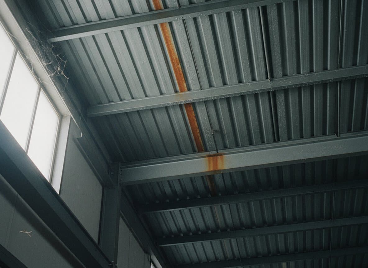Bare metal warehouse roof underside with condensation