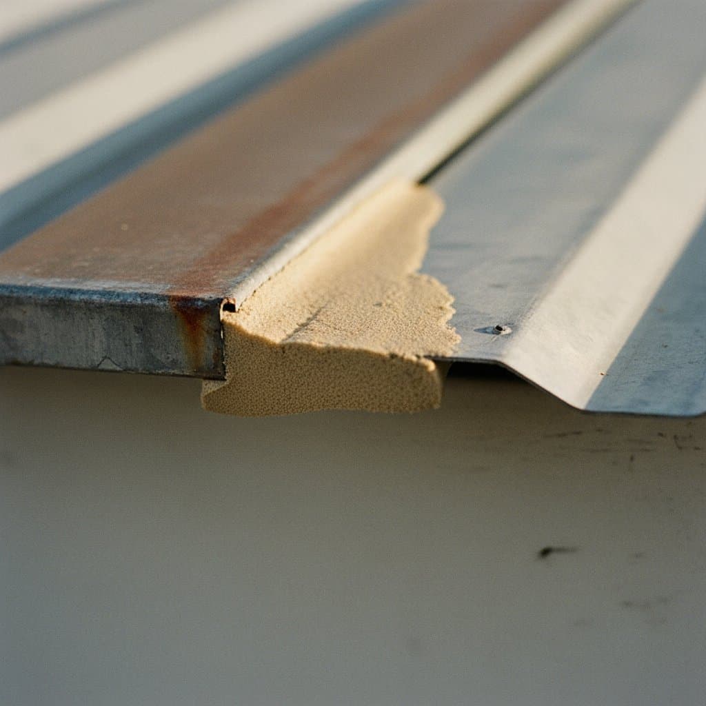 Close-up of foam sealing a steel purlin roof joint