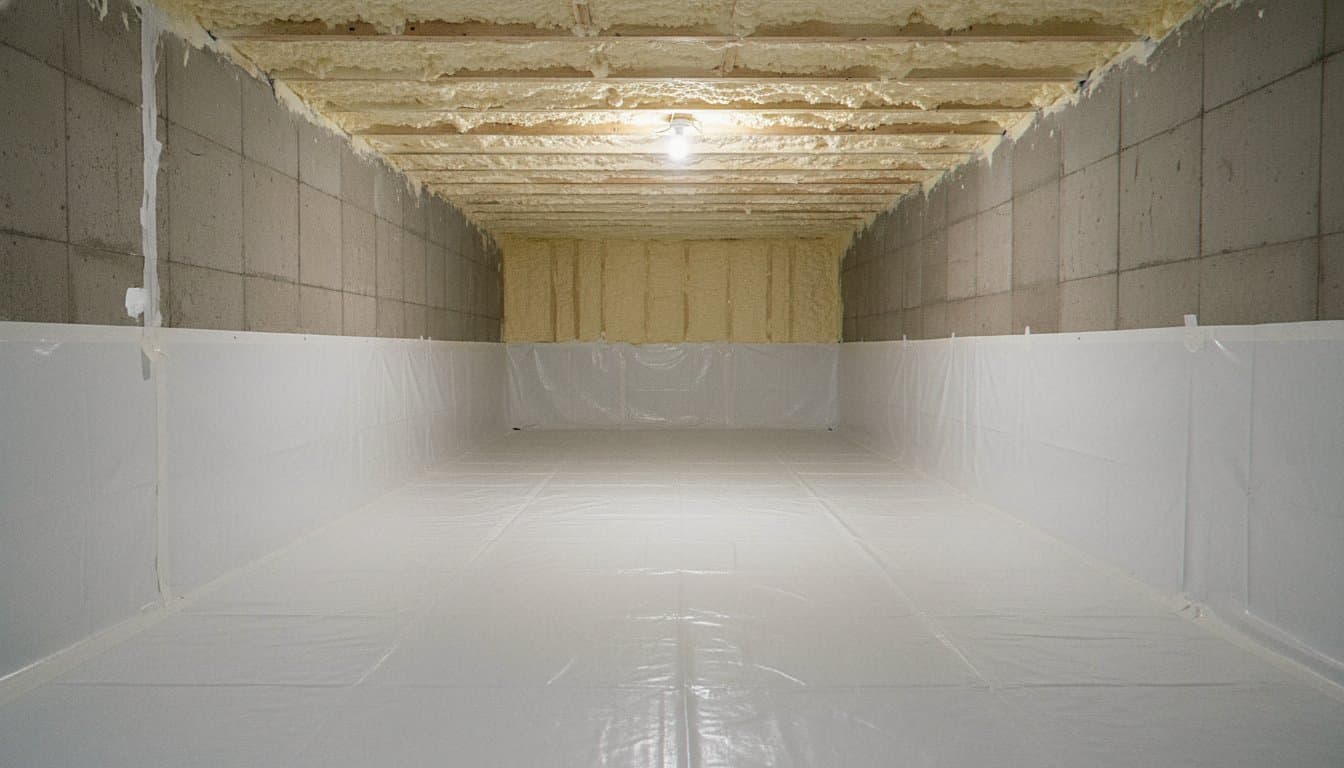Encapsulated crawl space with bright white vapor barrier