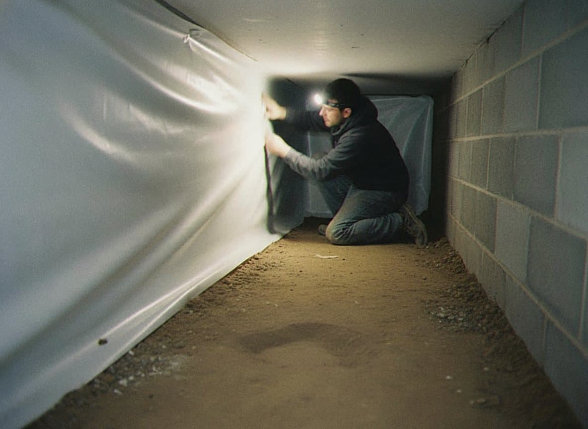 Technician smoothing white vapor barrier up a block wall