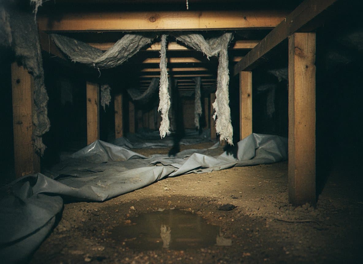 Damp dirt-floor crawl space with sagging old fiberglass batts