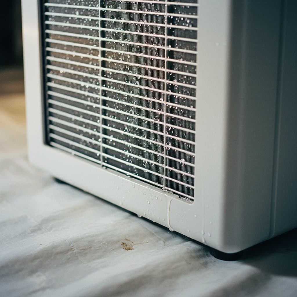 Condensation beading on a small crawl space dehumidifier