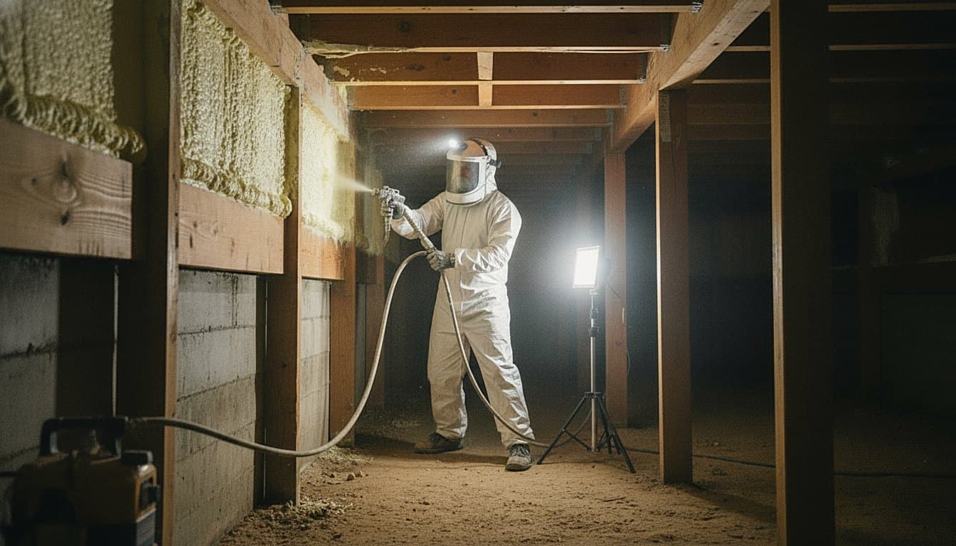 Technician spraying foam along a crawl space rim