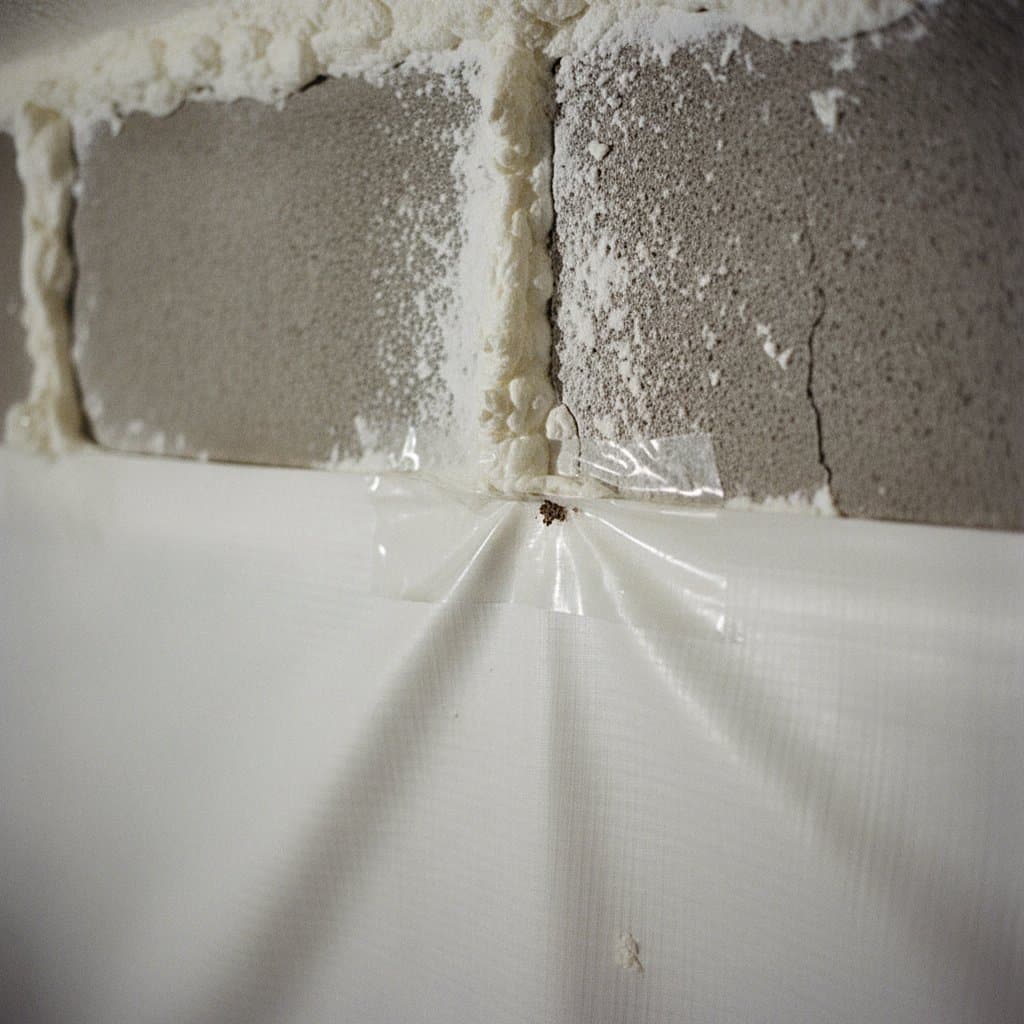 Close-up of a taped seam in crawl space barrier
