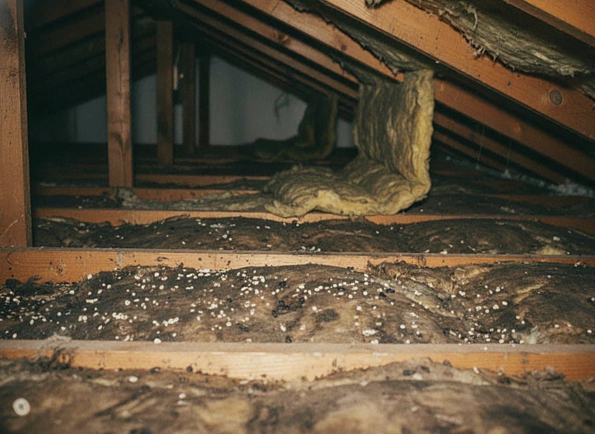 Filthy compacted old attic insulation stained with water marks