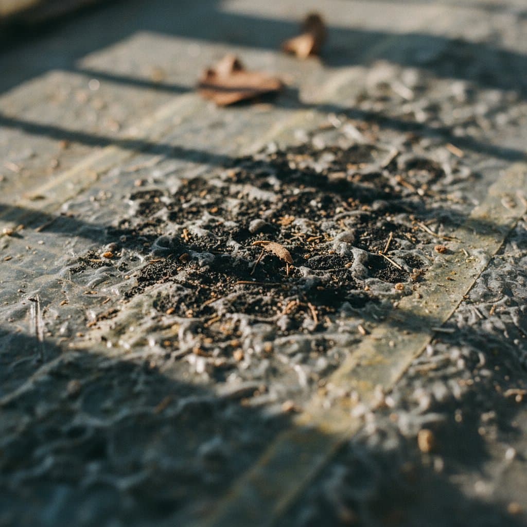 Close-up of matted water-stained fiberglass with mildew blotch
