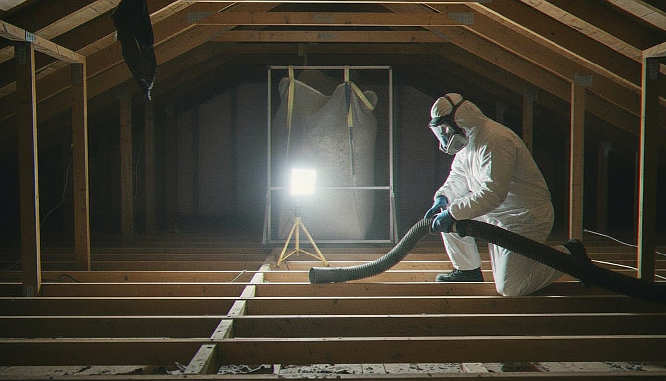 Technician vacuuming old loose-fill insulation from attic floor