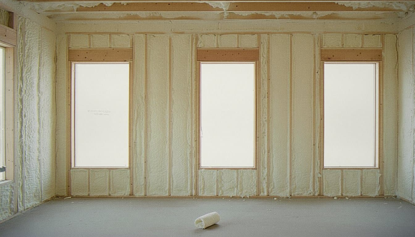 New-construction interior with wall bays and rafters foamed
