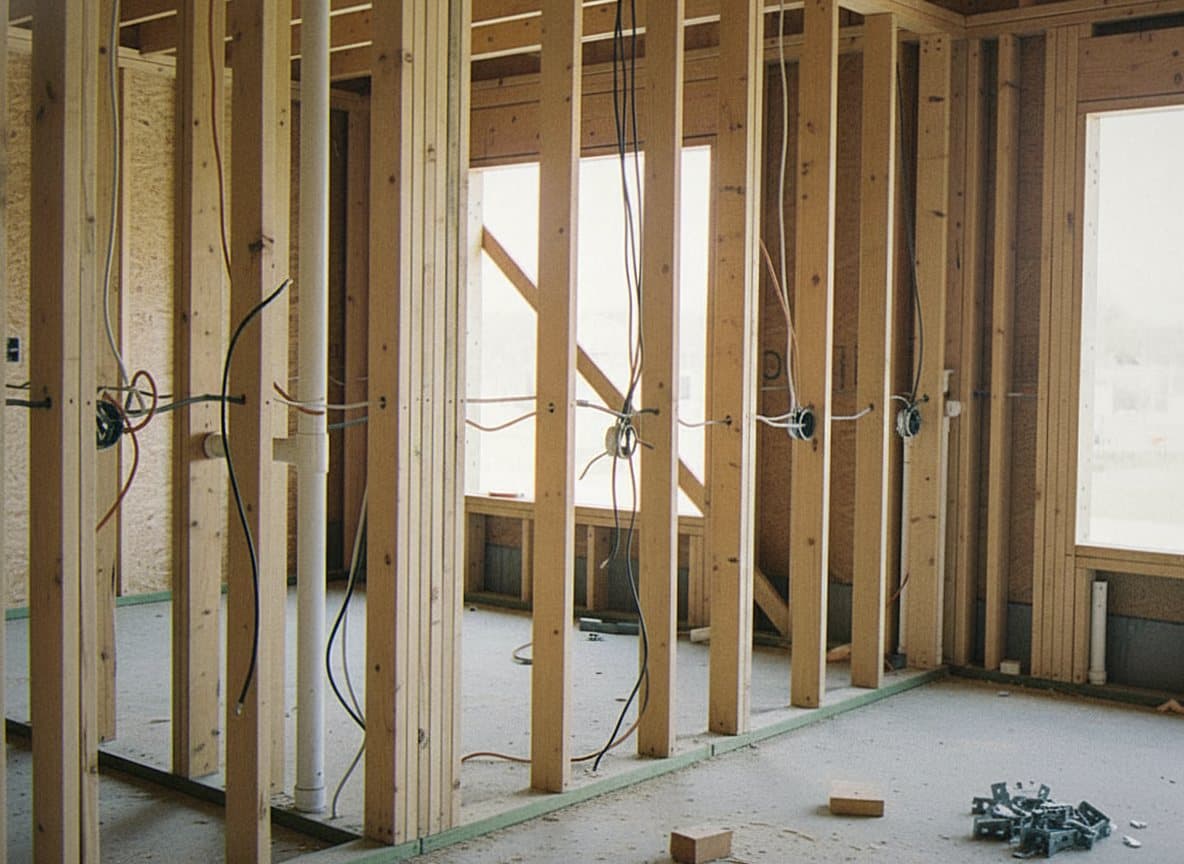 Bare wall framing with wiring and plumbing roughed in