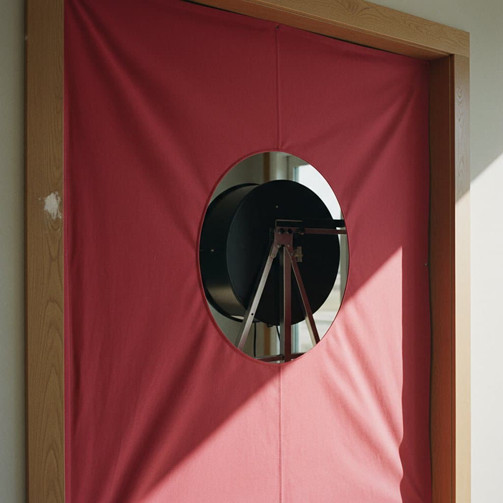 Close-up of a red blower-door panel in a doorway