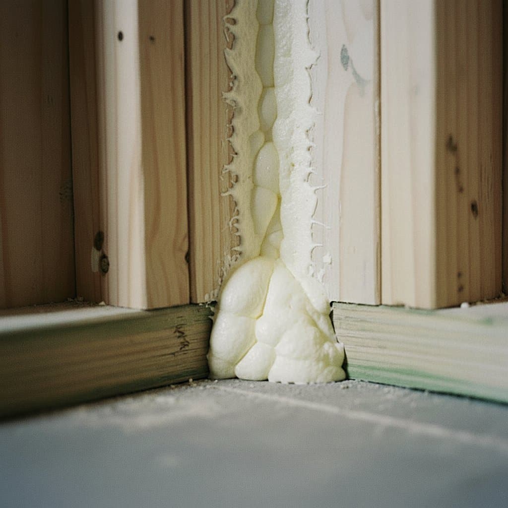 Close-up of fresh foam sealing an inside framing corner