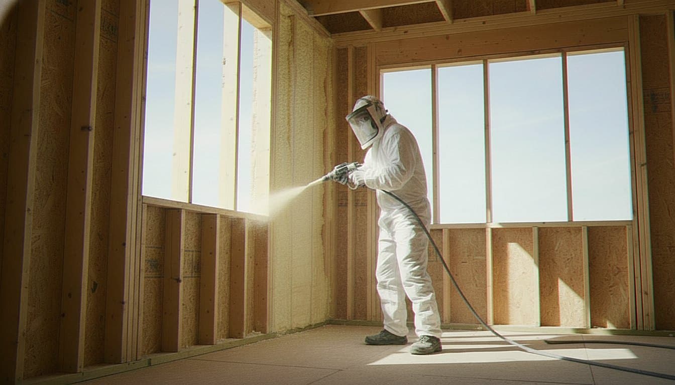 Applicator spraying foam across new home wall framing