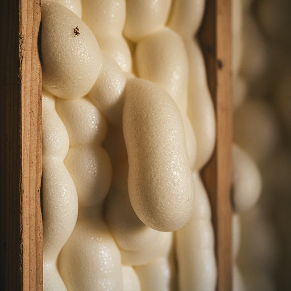 Open-cell foam expanding over a stud bay