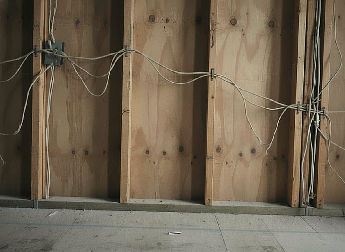 Open gutted interior wall down to studs with old wiring