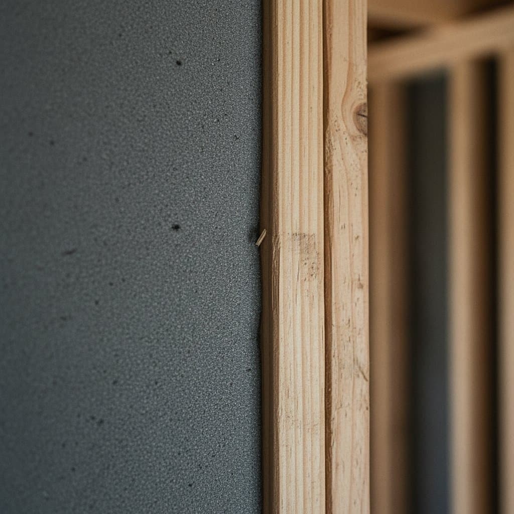 Close-up of trimmed wall foam meeting a stud edge