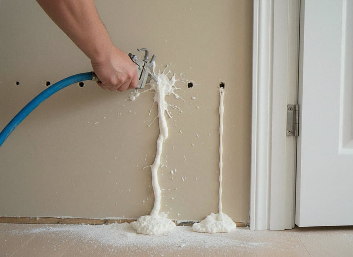 Technician injecting foam through drilled holes in a wall